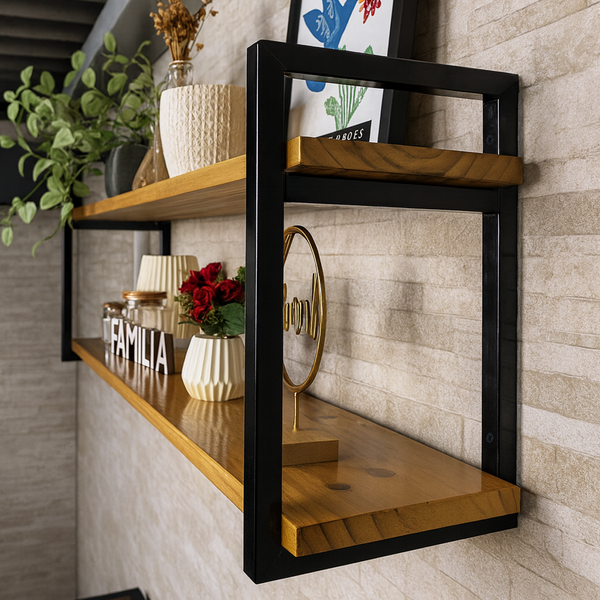 Prateleira Dupla Industrial Ferro e Madeira