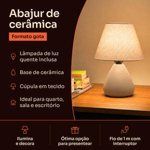 Abajur gota de cerâmica capuccino com cúpula de tecido: lâmpada inclusa, base de cerâmica e fio de 1 m com interruptor #capuccino #tecido