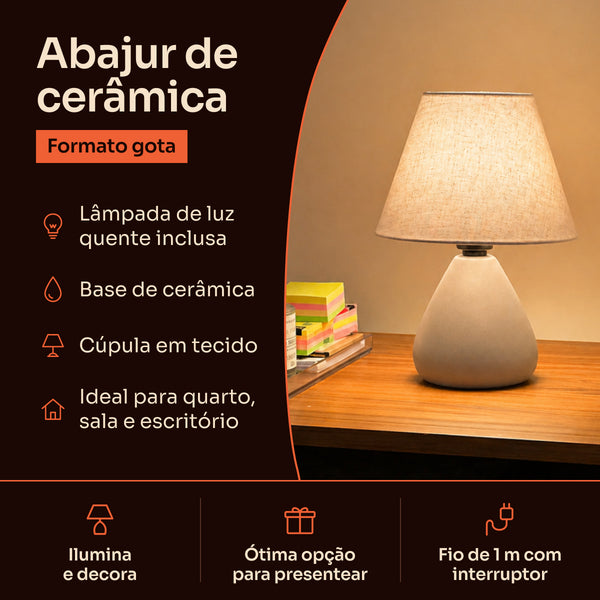 Abajur gota de cerâmica capuccino com cúpula de tecido: lâmpada inclusa, base de cerâmica e fio de 1 m com interruptor #capuccino #tecido