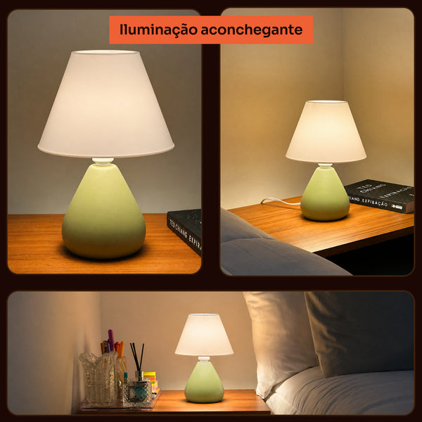 Abajur gota verde pistache com cúpula de plástico aceso no quarto, iluminação aconchegante #verdepistache #plástico