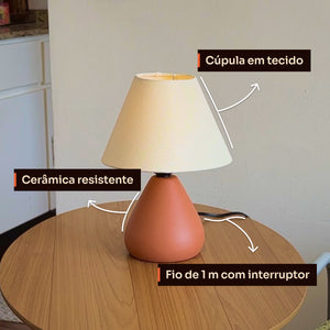 Detalhes do abajur gota terracota: cúpula de tecido, cerâmica resistente e fio com interruptor #terracota #tecido