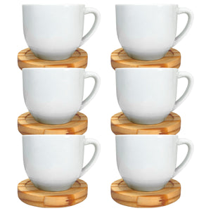 Jogo 6 Xícaras Brancas 170ml Porcelana com Pires de Madeira