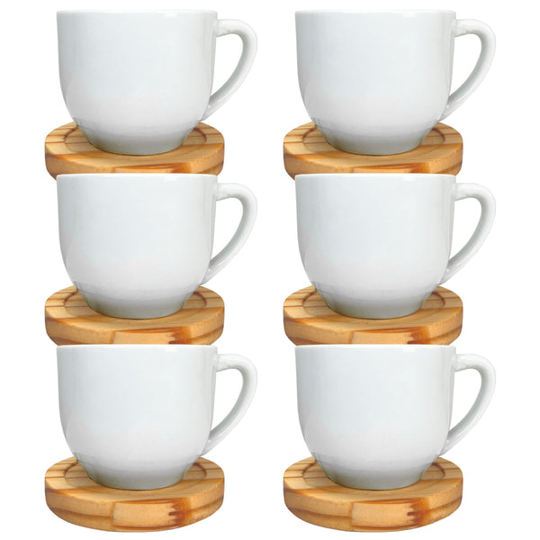 Jogo 6 Xícaras Brancas 170ml Porcelana com Pires de Madeira