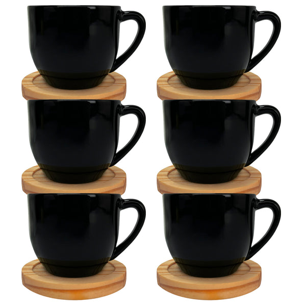 Jogo 6 Xícaras Pretas 170ml Porcelana com Pires de Madeira