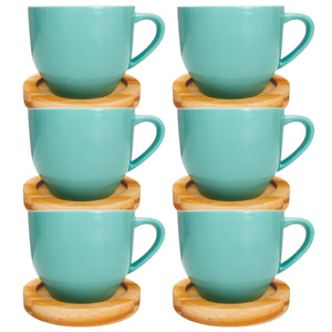Jogo 6 Xícaras Verdes 170ml Porcelana com Pires de Madeira