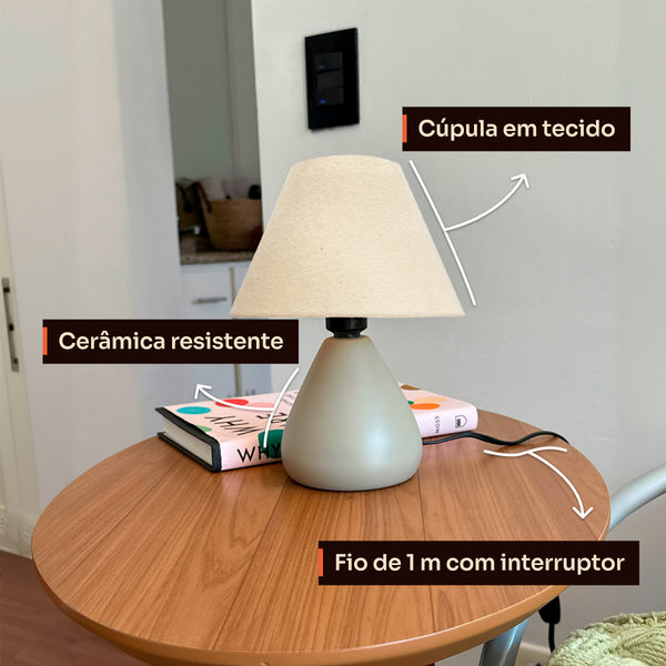 Detalhes do abajur gota capuccino: cúpula de tecido, cerâmica resistente e fio com interruptor #capuccino #tecido