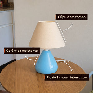 Detalhes do abajur gota azul: cúpula de tecido, cerâmica resistente e fio com interruptor #azulbrilhante #tecido