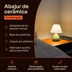 Abajur gota de cerâmica verde pistache com cúpula de plástico: lâmpada inclusa, base de cerâmica e fio de 1 m com interruptor #verdepistache #plástico