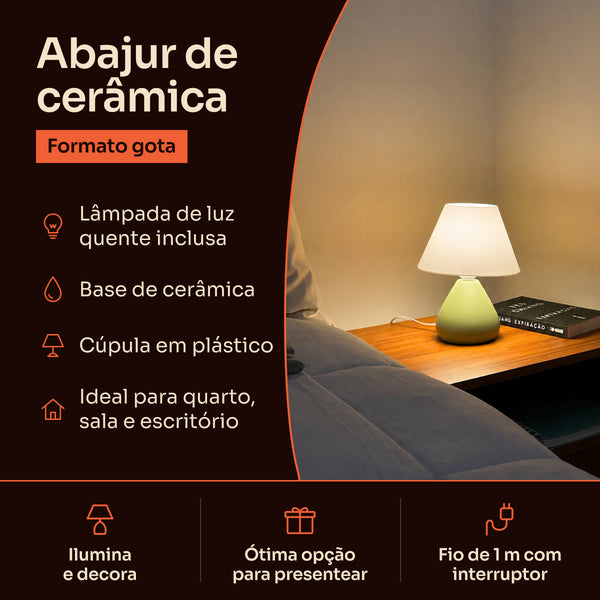 Abajur gota de cerâmica verde pistache com cúpula de plástico: lâmpada inclusa, base de cerâmica e fio de 1 m com interruptor #verdepistache #plástico