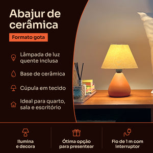 Abajur gota de cerâmica terracota com cúpula de tecido: lâmpada inclusa, base de cerâmica e fio de 1 m com interruptor #terracota #tecido
