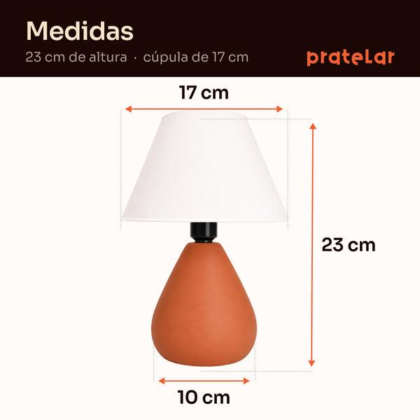 Medidas do abajur gota terracota com cúpula de plástico: 23 cm de altura, cúpula de 17 cm e base de 10 cm #terracota #plástico
