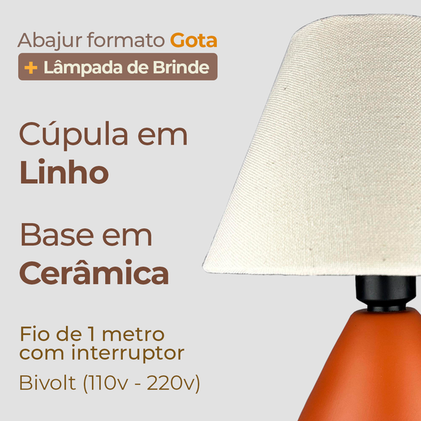 Kit 2 Abajur Gota de Cerâmica com Cúpula + Lâmpada