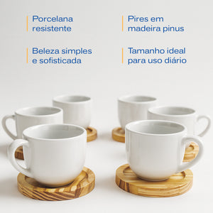 Jogo 6 Xícaras Brancas 170ml Porcelana com Pires de Madeira