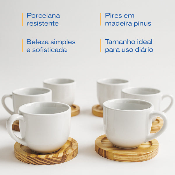 Jogo 6 Xícaras Brancas 170ml Porcelana com Pires de Madeira