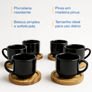 Jogo 6 Xícaras Pretas 170ml Porcelana com Pires de Madeira
