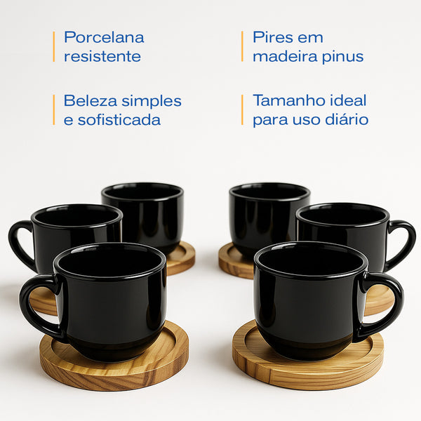 Jogo 6 Xícaras Pretas 170ml Porcelana com Pires de Madeira