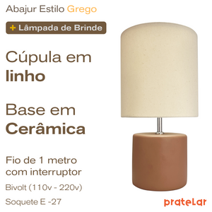 Abajur Cilindro de Cerâmica com Cúpula de Linho + Lâmpada