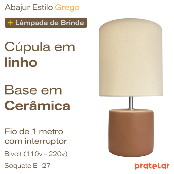 Abajur Cilindro de Cerâmica com Cúpula de Linho + Lâmpada