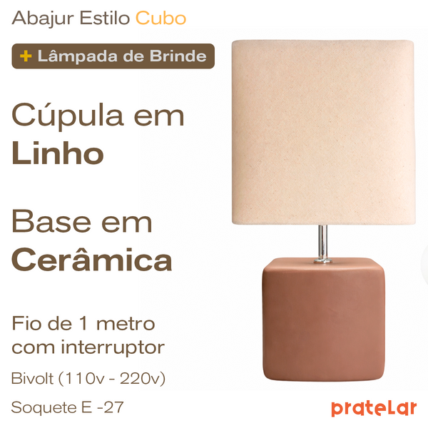 Abajur Cubo de Cerâmica com Cúpula de Linho + Lâmpada