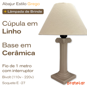 Abajur Coluna Grega de Cerâmica com Cúpula + Lâmpada