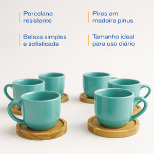 Jogo 6 Xícaras Verdes 170ml Porcelana com Pires de Madeira