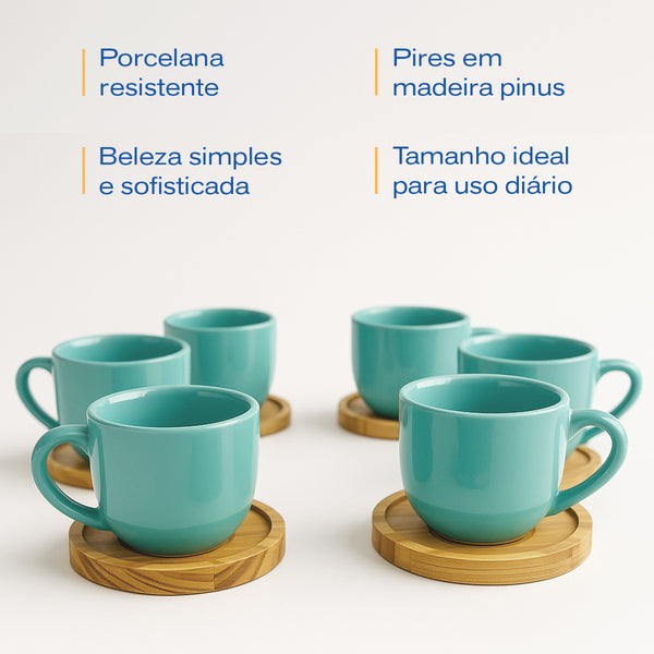 Jogo 6 Xícaras Verdes 170ml Porcelana com Pires de Madeira