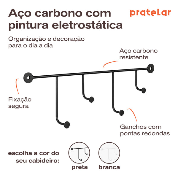 Cabideiro de Parede de Ferro com 4 Ganchos Preto/Branco