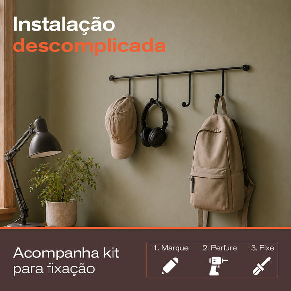 Cabideiro de Parede de Ferro com 4 Ganchos Preto/Branco