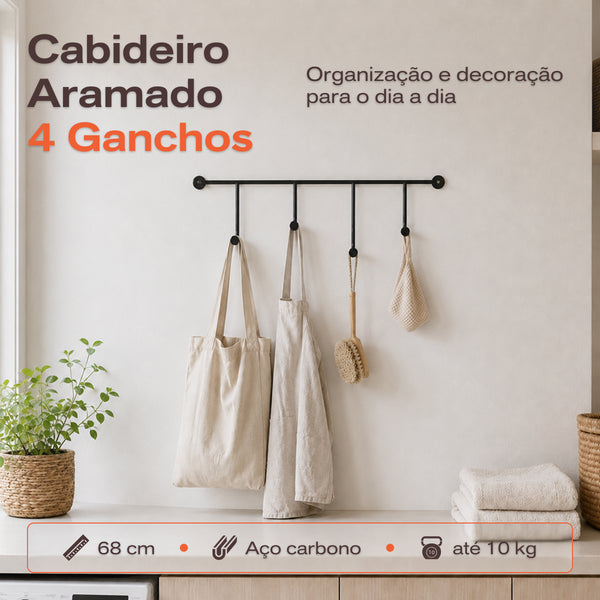 Cabideiro de Parede de Ferro com 4 Ganchos Preto/Branco