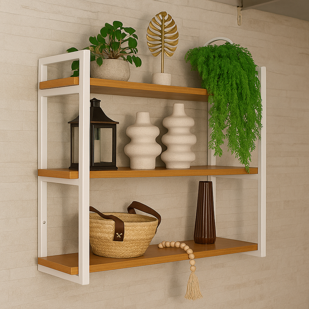 Prateleira Tripla Industrial Ferro e Madeira