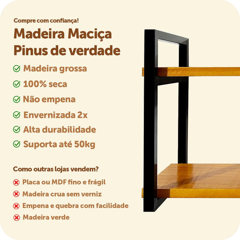 Prateleira Dupla Industrial Ferro e Madeira