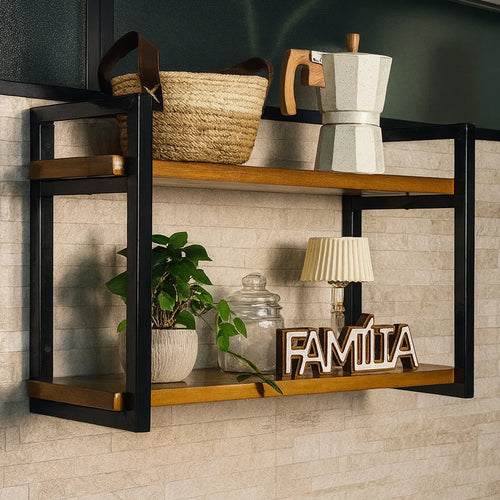 Prateleira Dupla Industrial Ferro e Madeira