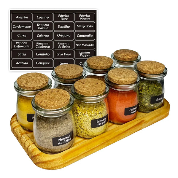 Porta Temperos 8 Potes de Vidro 100ml Rolha com Bandeja de Madeira