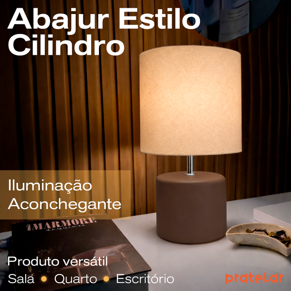 Abajur Cilindro de Cerâmica com Cúpula de Linho + Lâmpada