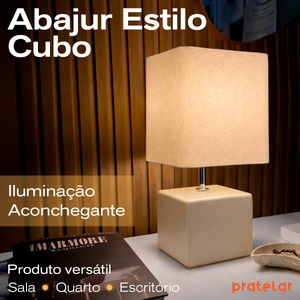 Abajur Cubo de Cerâmica com Cúpula de Linho + Lâmpada