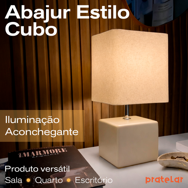 Abajur Cubo de Cerâmica com Cúpula de Linho + Lâmpada