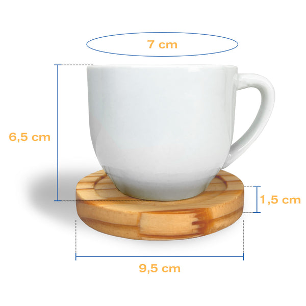 Jogo 6 Xícaras Brancas 170ml Porcelana com Pires de Madeira