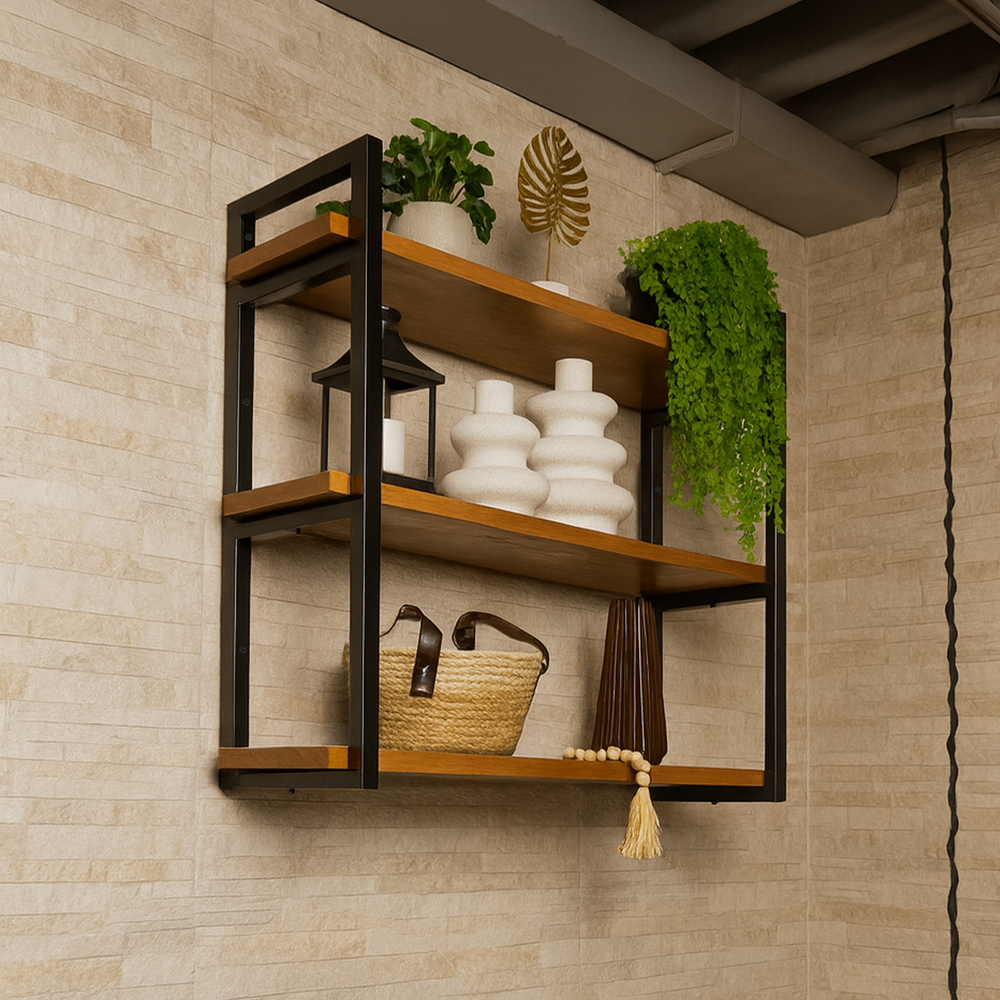 Prateleira Tripla Industrial Ferro e Madeira