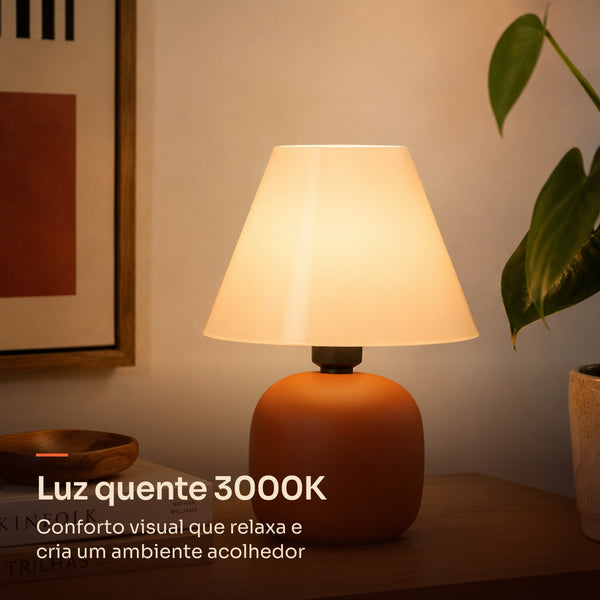 Abajur bujão terracota com cúpula de plástico, luz quente 3000K #terracota #plástico