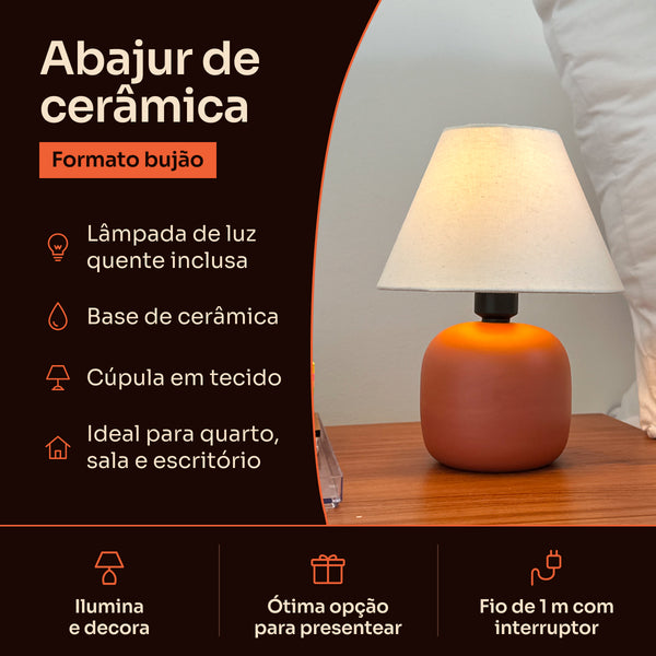 Abajur bujão terracota com cúpula de tecido, características #terracota #tecido