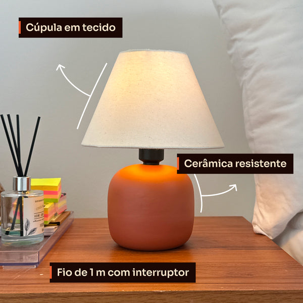Abajur bujão terracota com cúpula de tecido, detalhes #terracota #tecido