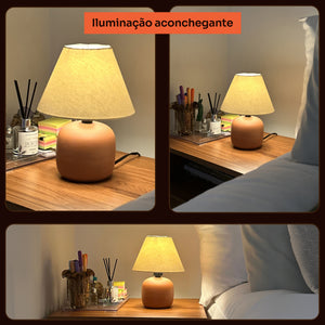Abajur bujão terracota com cúpula de tecido, iluminação aconchegante #terracota #tecido