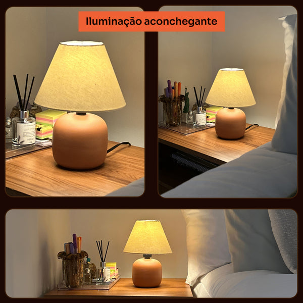 Abajur bujão terracota com cúpula de tecido, iluminação aconchegante #terracota #tecido