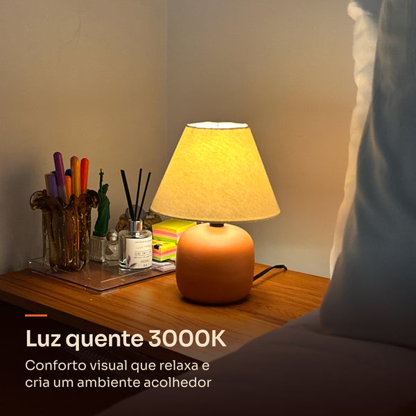 Abajur bujão terracota com cúpula de tecido, luz quente 3000K #terracota #tecido