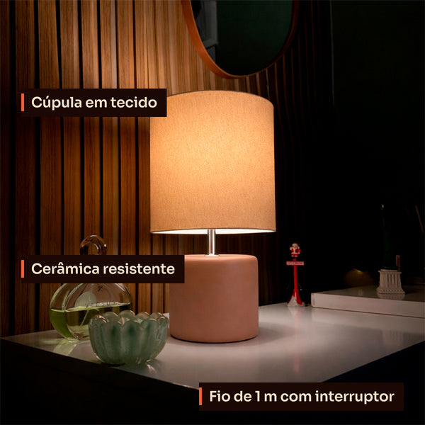 Abajur cilindro avelã com cúpula de tecido, detalhes #avelã