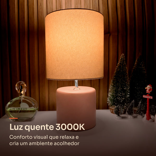 Abajur cilindro avelã com cúpula de tecido, luz quente 3000K #avelã