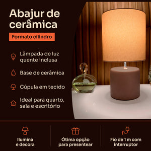 Abajur cilindro marrom com cúpula de tecido, características #marrom