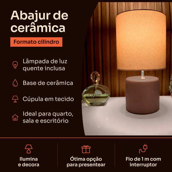 Abajur cilindro marrom com cúpula de tecido, características #marrom