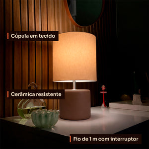Abajur cilindro marrom com cúpula de tecido, detalhes #marrom