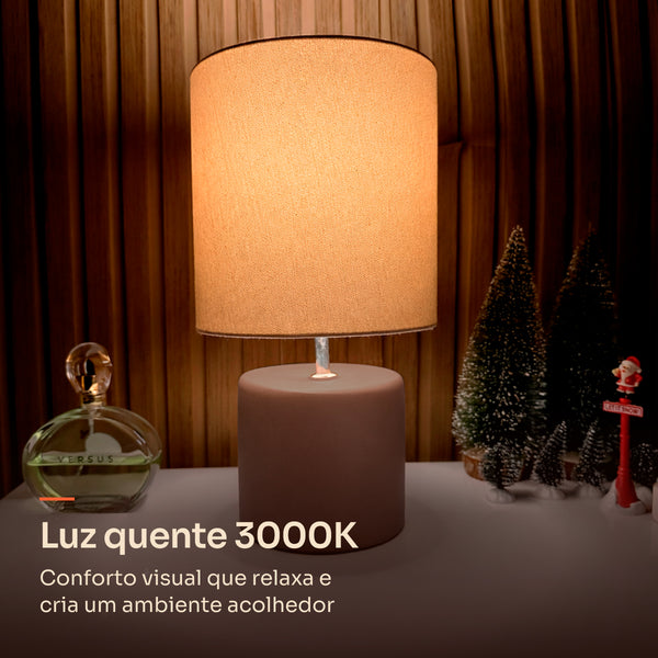 Abajur cilindro marrom com cúpula de tecido, luz quente 3000K #marrom
